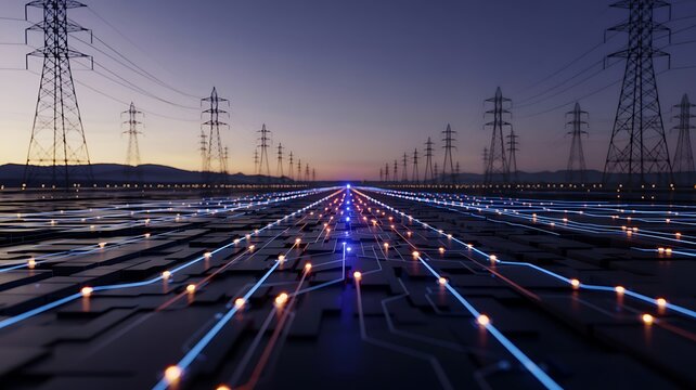 Illuminated digital network pathways leading towards distant power transmission towers at twilight