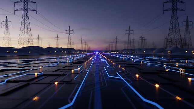 Futuristic digital landscape with glowing blue circuit board pathways and towering electrical pylons under a twilight sky