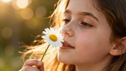 Girl holds daisy close to her face, enjoying the sweet scent. Soft golden sunlight illuminates her features in a serene outdoor setting. Concept of nature appreciation, childhood joy, wellness