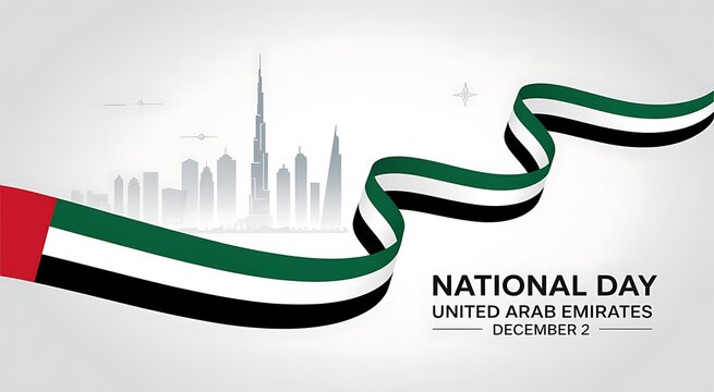 United arab emirates national day celebration with flowing flag and iconic dubai skyline silhouette