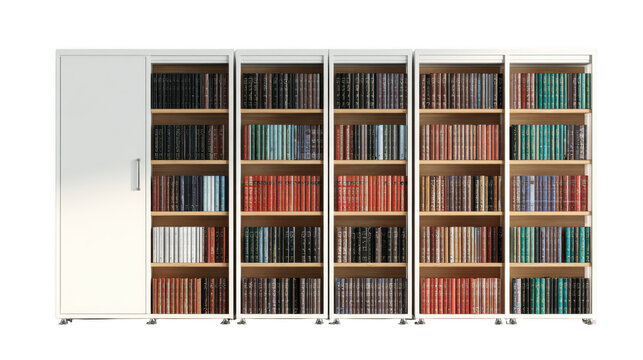 White modular bookcase with numerous colorful books organized neatly on wooden shelves for a home library setup
