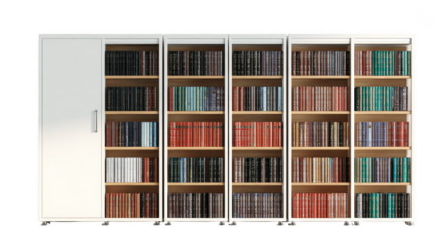 White modular bookcase with numerous colorful books organized neatly on wooden shelves for a home library setup