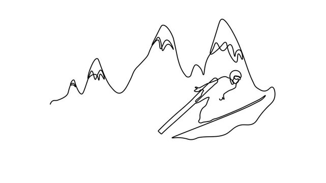 Abstract athlete skier on skis jumps off a ski jump from the mountain. Self drawing animation one continuous line draw, logo on white background