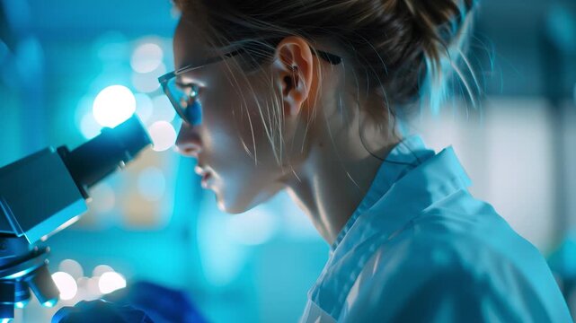 Scientist's Introspection: A determined scientist peering through a microscope, immersed in detailed observation, symbolizing diligent research and innovative exploration.
