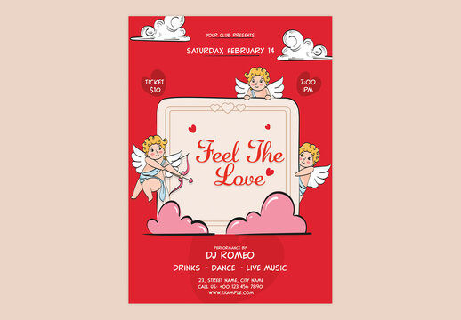 Editable Happy Valentine's Day Party Flyer Template with Feel The Love Message and Cupids in Red Theme Design. 