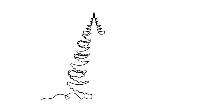 Abstract fir tree with snow on branches in snowdrifts, Self drawing animation one continuous line draw, logo on white background