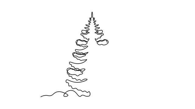 Abstract fir tree with snow on branches in snowdrifts, Self drawing animation one continuous line draw, logo on white background