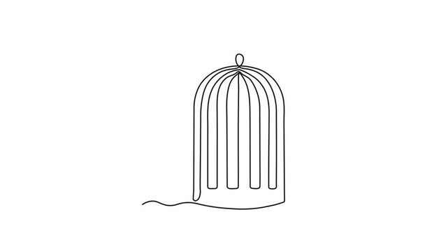 An abstract bird canary flies out of cage, birdcage, Self drawing animation one continuous line draw, logo on white background