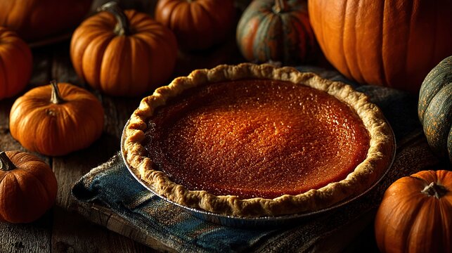Top-down pumpkin pie on white wood, encircled by mini pumpkins, ultra-sharp copy space&mdash;Thanksgiving menu, e-banner or social header ready