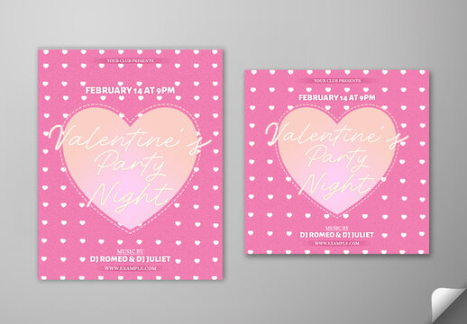 Editable Valentine&rsquo;s Day Party Night Post Templates in Pink and White Hearts Pattern Design.