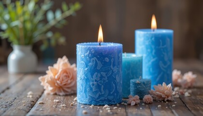 Three blue candles with flames on a wooden table. Surrounding flowers and a small vase add a decorative touch. Soft lighting enhances the serene atmosphere.
