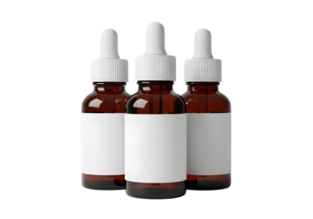 Three brown glass dropper bottles with white labels on a black background view