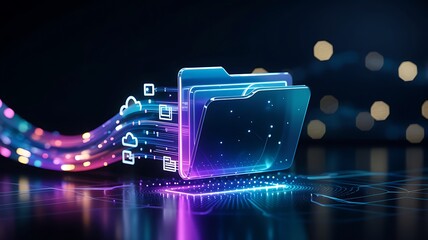 Digital data flowing into glowing translucent folders representing cloud storage and information management on a dark background
