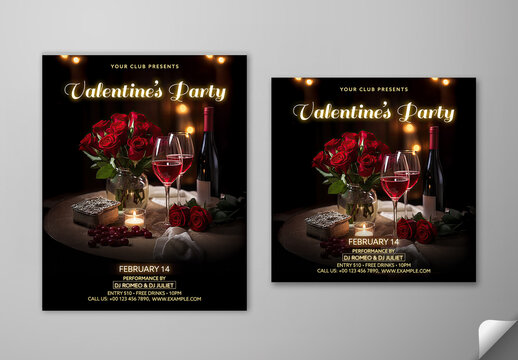Editable Happy Valentine&rsquo;s Day Party Post Templates with Romantic Candlelight Dinner Table Setup in Dark Scene.