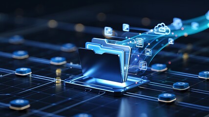 Abstract glowing blue digital circuit board with futuristic microchip and data stream flowing representing technology and innovation