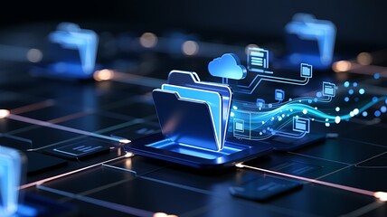 Futuristic glowing blue digital circuit board with glowing data streams and blurred background lights representing technology and innovation