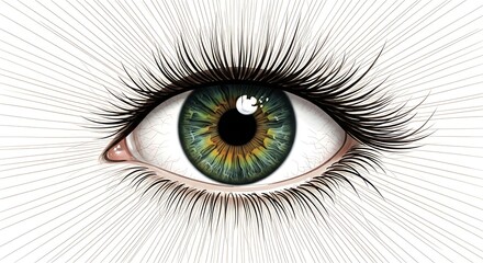 Close-up illustration of a green eye with long eyelashes and radiating lines.