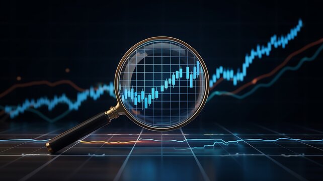 Magnifying glass examining a glowing blue stock market financial graph with upward trending data on a dark background