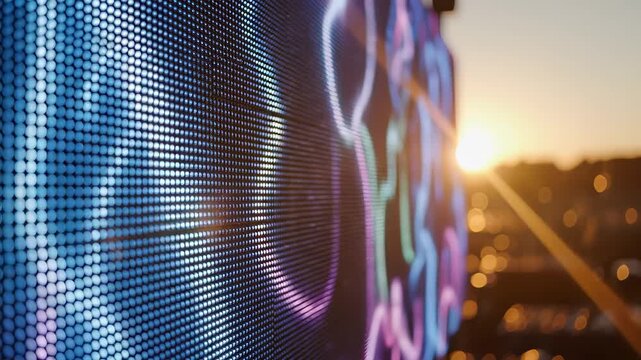 A vibrant digital display showcases colorful patterns as the sun sets in the background, creating a stunning view. The digital display contrasts with the warm sunset light in the s