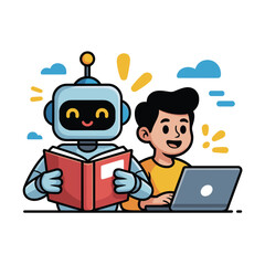 Robot Reading Book with Child Learning and Studying Together in Modern AI Education Illustration