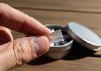 Close-up of a Human Hand Holding a Nicotine Pouch Over an Open Metal Tin on a Wooden Table