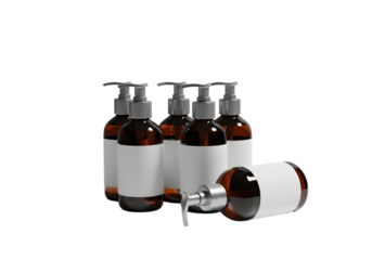 Group of amber bottles with pump dispensers and blank labels on black ground