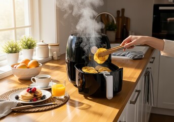 Preparing Healthy Air-Fried Apple Slices in a Modern Kitchen, with a Tempting Breakfast of Berry Pancakes and Fresh Juice.