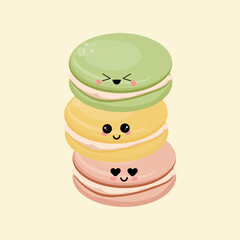 Cute stack of colorful macarons with kawaii faces on a soft pastel background, sweet cartoon dessert characters arranged in a vertical tower.