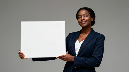 Confident woman looking at camera holds blank sign while standing in a clean studio. Grey background enhances professional atmosphere. Concept of advertising, marketing, business services