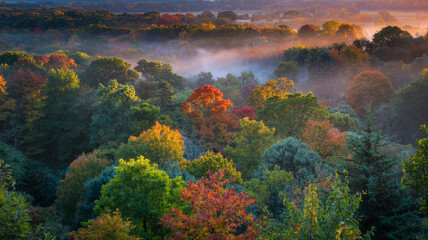 Misty autumn forest canopy bathed in warm sunrise light showcasing vibrant fall foliage.