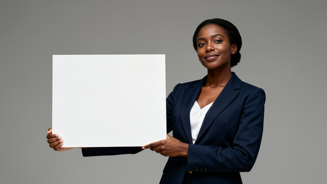 Confident woman looking at camera holds blank sign while standing in a clean studio. Grey background enhances professional atmosphere. Concept of advertising, marketing, business services - Powered by Adobe