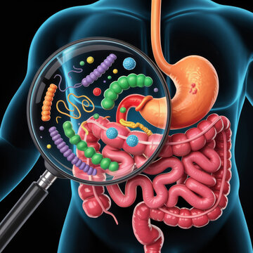 Magnified view of diverse gut microbes within a human digestive system.