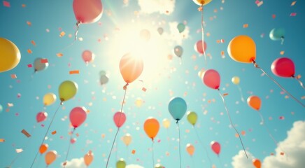 Fototapeta premium Balloons are flying in the air with confetti and streamers