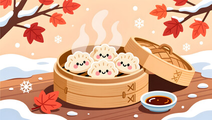Steaming dumplings in steamer illustration for Winter Solstice