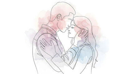 Romantic continuous line art illustration of loving couple embracing watercolor