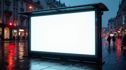 Blank billboard shines brightly on a rainy evening street, perfect for impactful advertising campaigns and capturing attention in urban environments