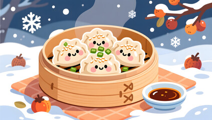 Obraz premium Dumplings with sesame and scallion in steamer for Winter Solstice