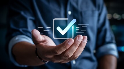 Man holding out hand with glowing digital checkmark symbol representing success and completion of tasks