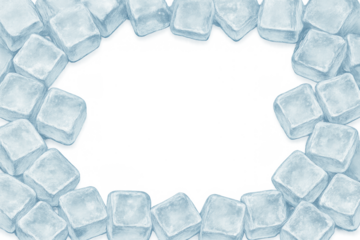 Ice cubes forming a watercolor frame, adding a cool frosty border, creating a refreshing frozen background element on transparent