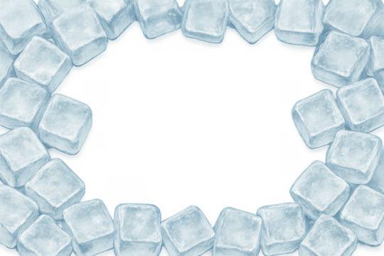 Ice cubes forming a watercolor frame, adding a cool frosty border, creating a refreshing frozen background element on transparent