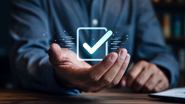 Man holding a glowing digital checklist icon with a checkmark symbolizing completion and success in business