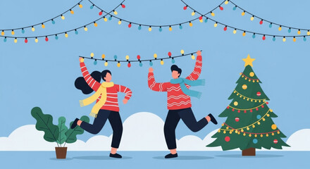 Celebrate the joyful Christmas spirit with friends decorating the tree and hanging lights, perfect for festive greetings and holiday promotions