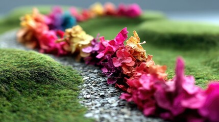 A winding path made of small stones is bordered by lush green mossy mounds and a vibrant garland of colorful flowers.