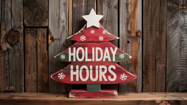 Rustic wooden christmas tree decoration with holiday hours message displayed on weathered planks background
