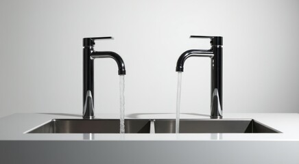 A close up of two faucets in a sink with water running