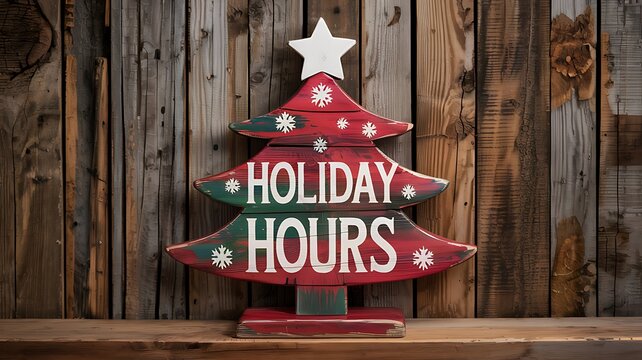 Rustic wooden christmas tree decoration displaying holiday hours message on a weathered wood plank background - Powered by Adobe