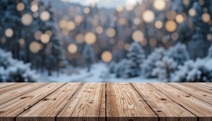 Wooden table top on bokeh background Snowy bokeh glowing bright landscape