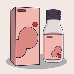 Illustration of a medicine syrup bottle with matching packaging box in soft pastel colors, suitable for pharmacy themes, healthcare graphics, and medical product design