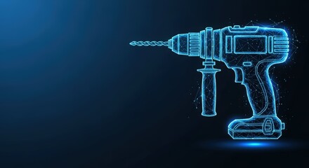 Fototapeta premium Abstract blue wireframe electric drill and tape measure on dark background