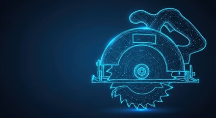 A wireframe illustration of a blue circular saw tool on a dark background